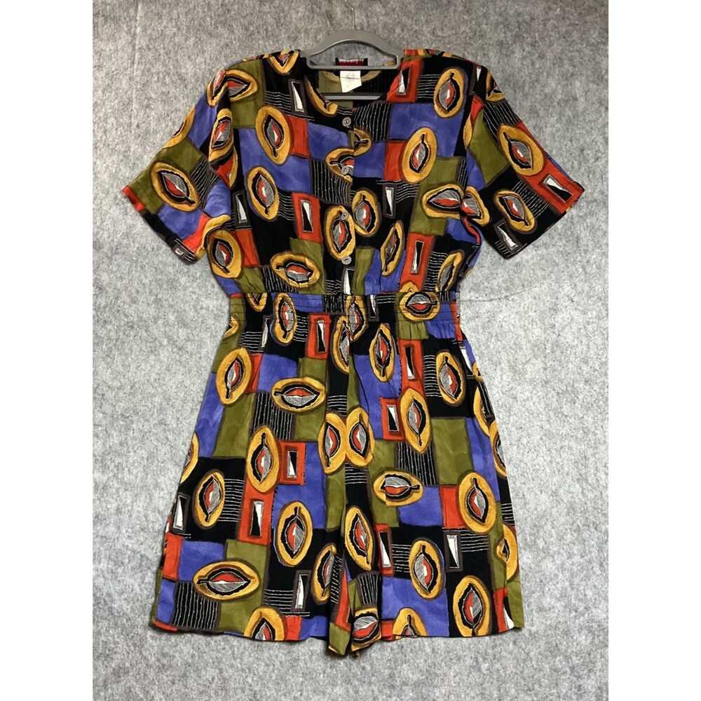 Vintage Romper Womens Large Multicolor Geometric Shorts Jumper Retro 90s Boho